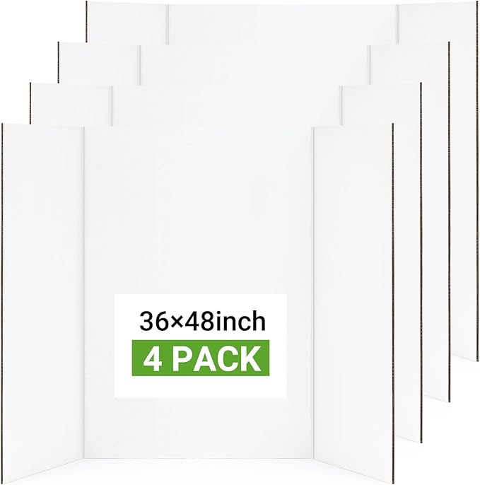 Large Trifold Poster Board, 4 Pack 36" x 48" White Corrugated Project Boards - Science Fair Display Posterboard for School Projects, Science Fairs, Event Displays, and Business Presentations