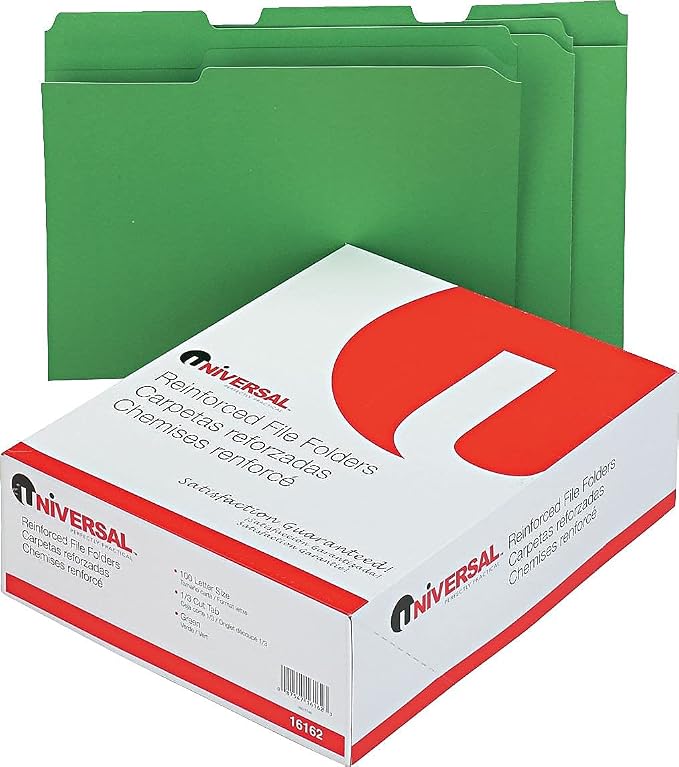 Universal 16162 Colored File Folders, 1/3 Cut Assorted, Two-Ply Top Tab, Letter, Green, 100/Box