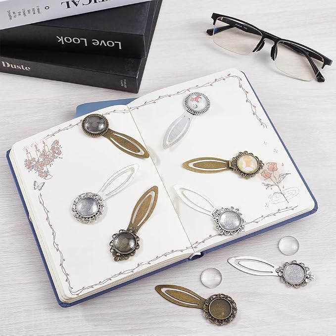 SUNNYCLUE 1 Box 16Pcs DIY 8 Sets Vintage Bookmark Metal Antique Bronze Silver Bookmark Bezel Tray Cabochon Bookmarks Making Kit Glass Cabochons Book Mark Blanks Bookmark Bezels for Adults DIY Crafts