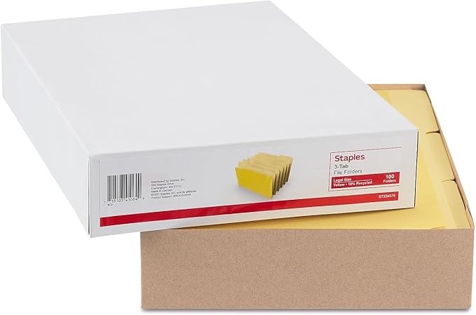 Staples Colored File Folders, Legal Size, 3‑Tab Top‑Tab Design, Yellow, Durable Paper Stock, 100/Pack