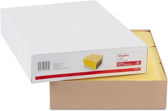 Staples Colored File Folders, Legal Size, 3‑Tab Top‑Tab Design, Yellow, Durable Paper Stock, 100/Pack