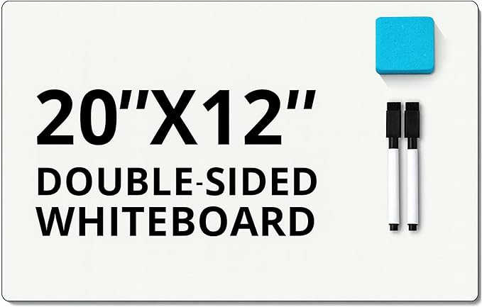 12x20 Dry Erase Whiteboard, Double Sided, for Exams, School, Home, Office - 2 Markers and 1 Eraser Included