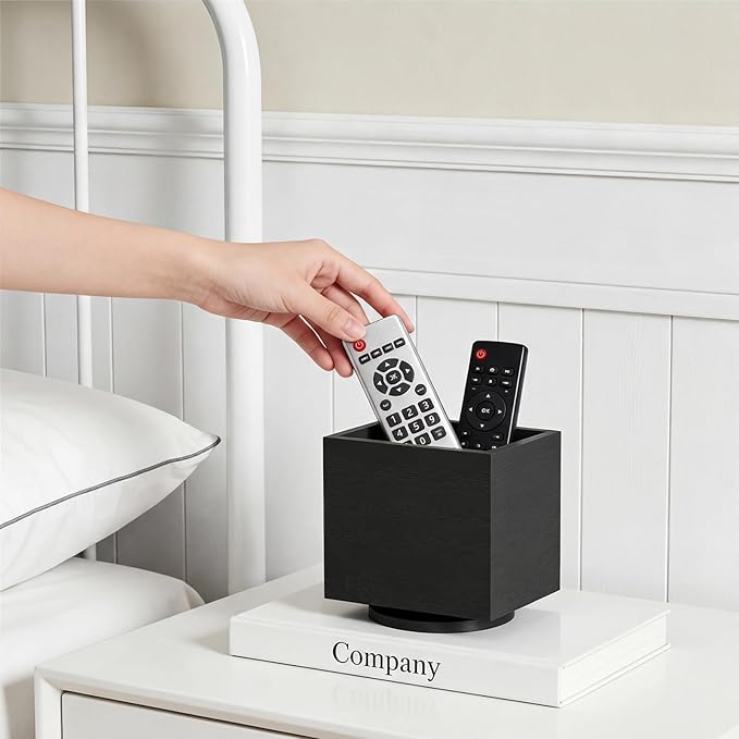360° Rotating Remote Control Holder, Wooden TV Controller Holder, Remote Holder for Table, Desktop Caddy for Pen, Phone, Small Item Home Office School(Black)