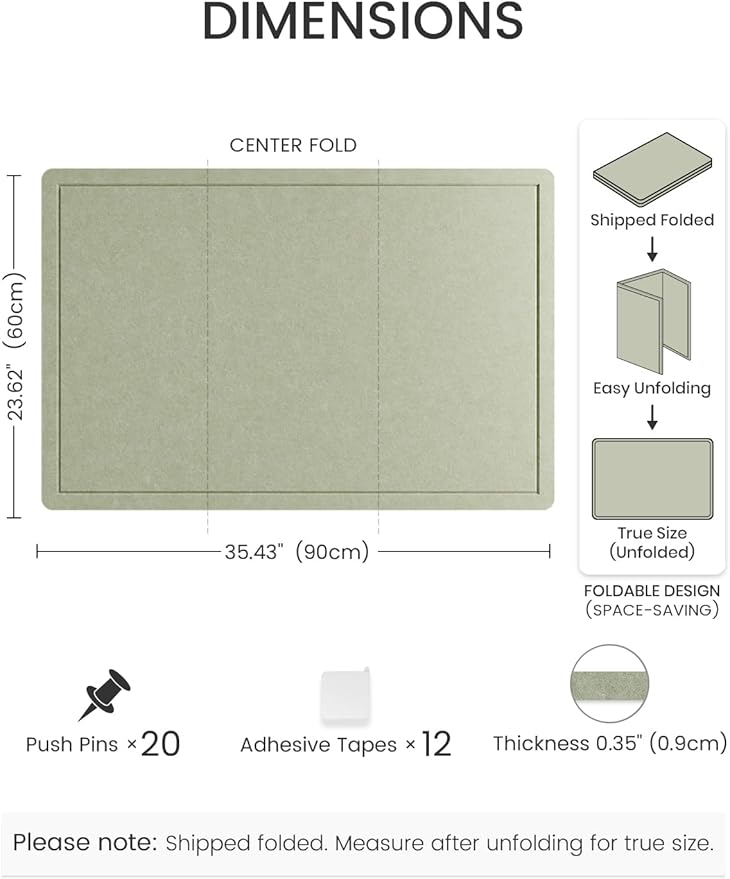 Fluxynara Bulletin Board,35.4" x 23.6" Cork Board Alternative with 12 Safe Removable Adhesive Tabs, Foldable Felt Pin Board for Home Office, Classroom, Bedroom,Entryway for Walls—Sage