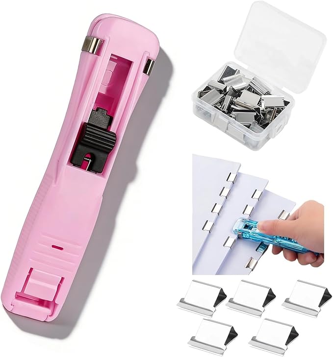 Paper Clip Dispenser, Portable Binder Clip Stapler - Includes 50 Reusable Clips Desktop Push Stapler Binder Clips Paper Clamps Small Binding (E1PC)