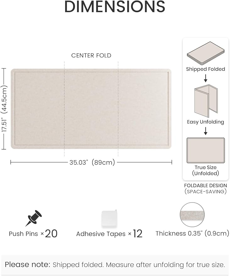Fluxynara Bulletin Board, 35" x 17.5" Cork Board Alternative with 12 Safe Removable Adhesive Tabs, Foldable Felt Pin Board for Home Office, Classroom, Bedroom,Entryway for Walls—Oatmeal