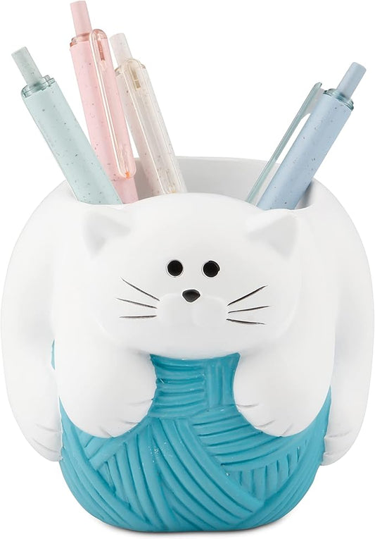 Chapman and Grand Relaxing Kitty Cat Pen Holder, White/Turquoise, Patented
