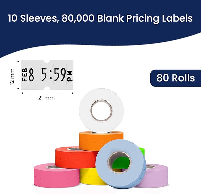 Perco 1 Line Multicolored Sleeves—80 Rolls, 10 Sleeves, 80,000 Labels for Perco Lite, X, Plus & Pro Guns—Includes White, Yellow, Blue, Lavender & Fluorescent Colors (Red Green Pink Orange)—Made in USA