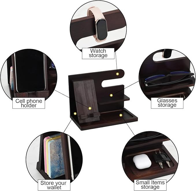 Wood Phone Docking Station,Bedside Table Organizer,Nightstand Organizer,Charging Station Organizer,Birthday Gifts for Men (Brown)