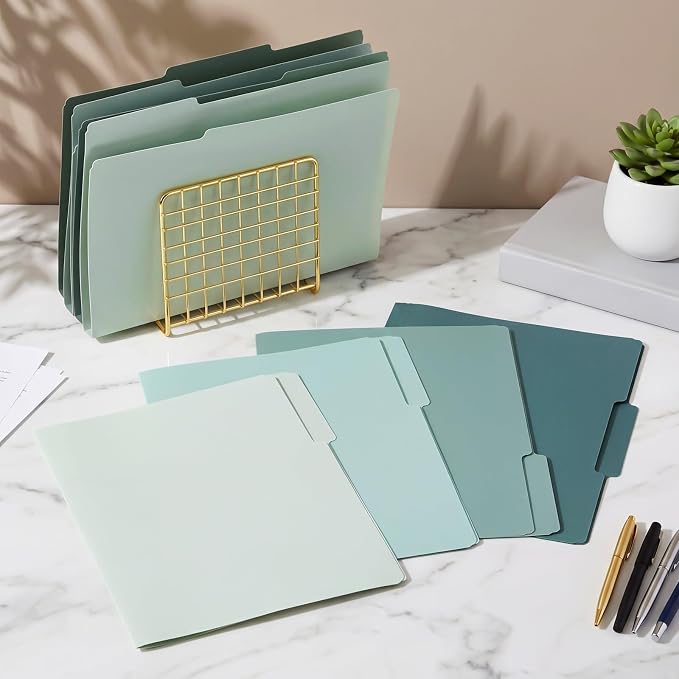 48 Pack Colored Plastic File Folders with Tabs and Sticky Labels 1/3 Cut Tab Manila File Folders Letter Size 8. 5 x 11 Inch for Office Home Organizer Documents(Gradient Green,Rustic)