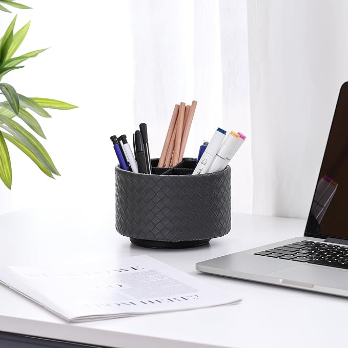 Rotating Remote Holder, PU Leather 360 Degree Rotating Desktop Organizer with 4 Compartments, Makeup Brush Holder Organizer for Vanity Desk, Grey PH118