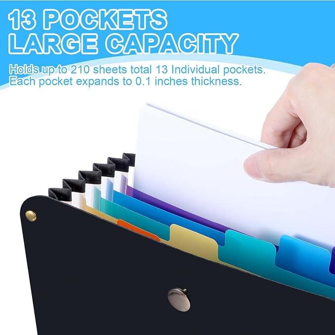 2 Pcs Expanding File Folder, 13 Pockets Vertical File Folder Accordion File Organizer, A4 Letter Size Paper Document Receipt Organizer Accordion Filing Folder for Classroom, Home, Office and Travel