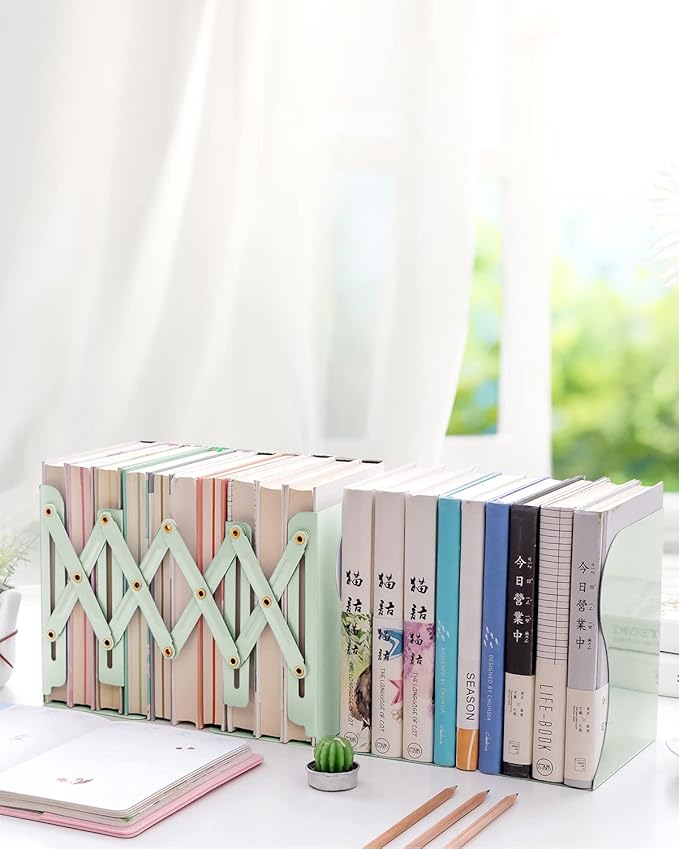 MSDADA Adjustable Bookends, Book Ends for Heavy Books, Expandable Book Organizer for Desk, Shelf, Office, School, for 6 7 8 9 10 11-15 Boys and Girls, Extends up to 19 inches (Macaron Green)