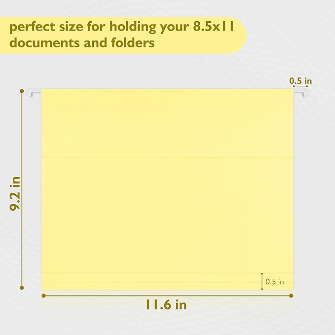 25 Packs Hanging File Folders,Lemon Yellow Hanging File Folders Letter Size,Hanging Folders with 1/5-cut Tabs,Hanging Folders for Filing Cabinets, File Organizer Folder for Office,School,Home