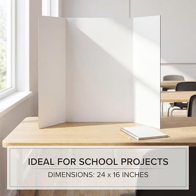 Trifold Poster Board, 24" x 16", 6-Pack, White Corrugated Project Boards for Science Fairs, School Projects, Event Displays, Business Presentations, Easy to Fold & Reusable