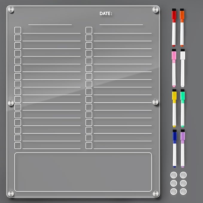 Acrylic Magnetic to Do List Board for Refrigerator, Grocery List Magnet Pad for Fridge with 8 Color Mrakers, Clear Planning Board for Shopping List/Reminders/Events/Meetings-14.5''*11.5''