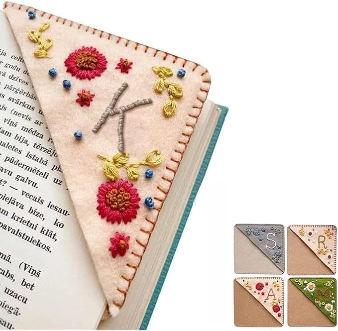 Personalized Hand Embroidered Corner Bookmark, 26 Letters Cute Flower Embroidered Corner Bookmark Embroidery Book Marker Clip for Book Lovers Bookmarks for Reading Lovers Meaningful GIF (Fall, K)