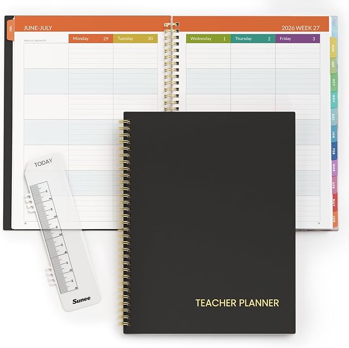 SUNEE Teacher Planner 2026-2027 Academic Year, 7 Periods Lesson Plan Book Jul 2026 - Jun 2027, 8.5"x11" Daily Weekly Monthly Organizers Vertical Layout with Calendars, Bookmark, Waterproof Cover, Black