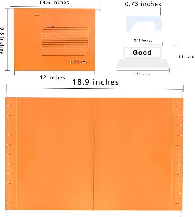 Hanging File Folder, A4 Suspension Files Holder, Hang Folder, Filing Cabinet Suspension File with Tab and Label for School Home Office, Orange, 25 Pack