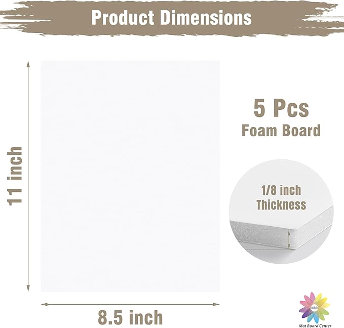 Mat Board Center Pack of 5, 8.5x11 Foam Boards Acid Free White Foam Core Boards for Mounting, Crafts, Display, Presentation and Projects, 1/8" Thick