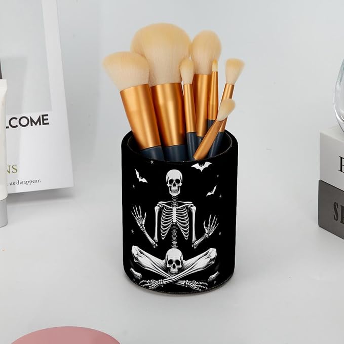 Funny Skeleton Pen Holder Pencil Organizer Cute Pencil Cup Desk Decor Makeup Brush Holder PU Multifunctional Office Supplies for Home Classroom School