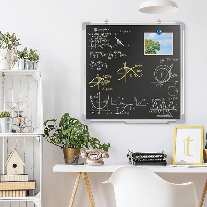 Chalkboard Set - 24 x 24 in Black Board with 1 Magnetic Chalk Eraser, 14 Chalk Sticks (7 Colors) and 4 Magnets - Large Message Wall Hanging Blackboard with Sturdy Frame for Home Office and Kitchen