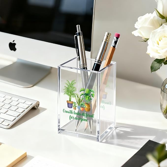 Growth Looks Different for Everyone Acrylic Pen Holder Cosmetic Organizer, Funny Potted Pencil Holders for Desk, Desk Accessories Office Gifts for Special Education Teacher Plant Lover Therapy