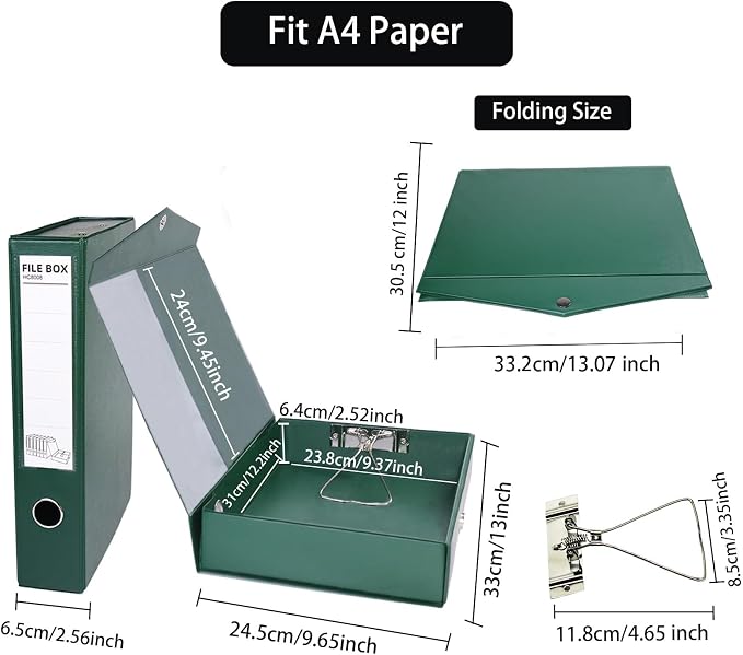 6 Pack Foldable Plastic Box Files A4 with Metal Clip,65mm Spine,Document Archive Folders for Office（Green）