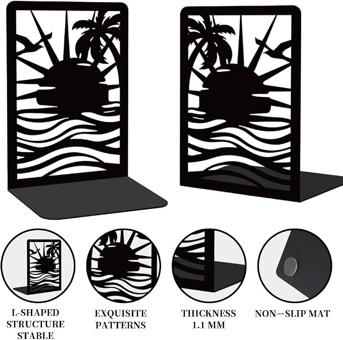 Sunrise Book Shelf Decorative Bookends for Shelves, Book Ends for Heavy Books, Black Beach Metal Bookends for Desk Organizer, Office Library Decor Decorative Books for Home Decor