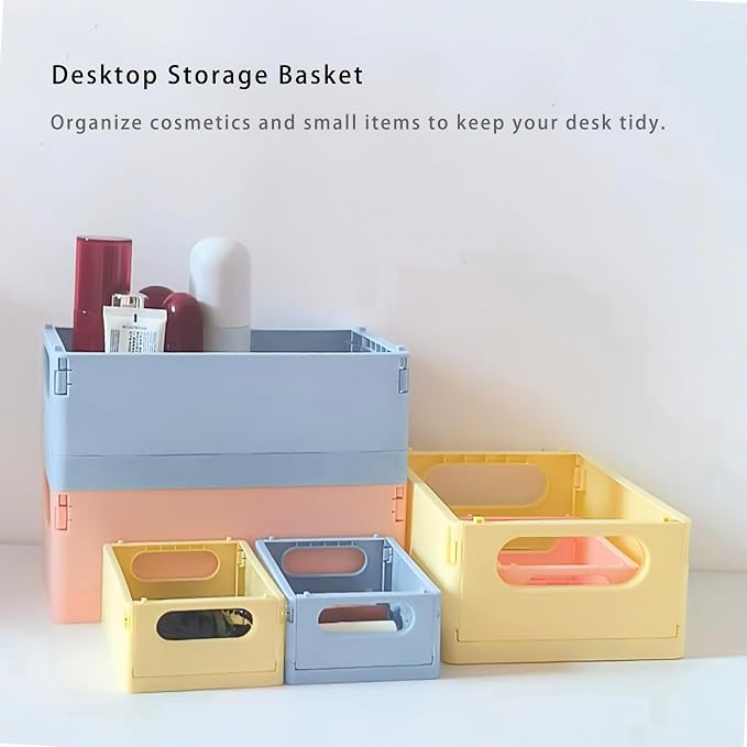 Plastic Storage Crate Folding Desk Organizer Basket Set of 4, 2 Medium+2 Small Collapsible Storage Bins Portable Organizing Crates for Office Classroom Kitchen Bedroom Bathroom Desktop Drawer, Yellow