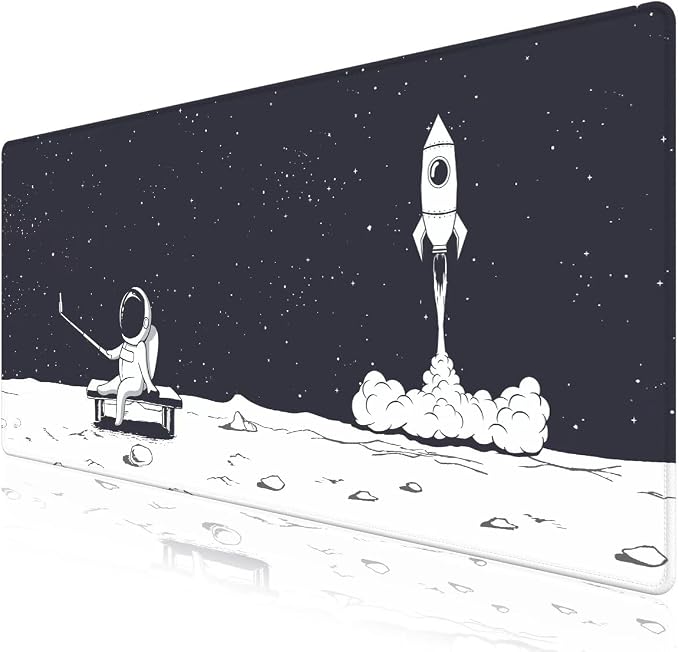Mouse Pad, Cute Cool XXL Big Desk Mat for Desk Cover, Anti-Slip Large Mousepad with Stitched Edges, Keyboard Mat for Computer Desktop Table Protector I Astronaut & Rocket