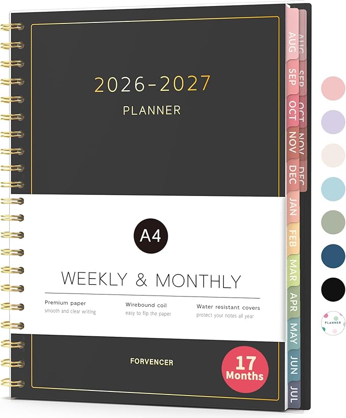 Aug 2026 - Dec 2027 Planner, Forvencer 17 Month Academic Planner 2026-2027, 8.5" x 11", Calendar Planner Weekly and Monthly, Daily Agenda Book, College School Supplies for Student Teacher, A4, Black