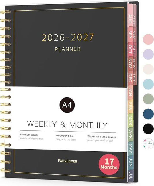 Aug 2026 - Dec 2027 Planner, Forvencer 17 Month Academic Planner 2026-2027, 8.5" x 11", Calendar Planner Weekly and Monthly, Daily Agenda Book, College School Supplies for Student Teacher, A4, Black