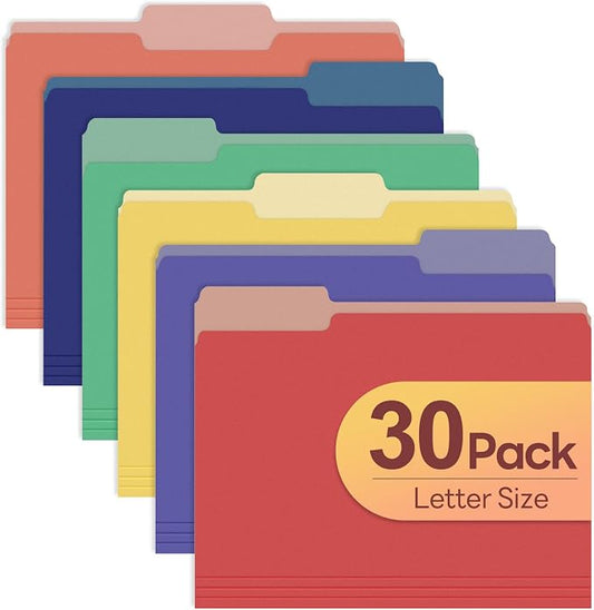 Piasoenc Color File Folders Set of 30, 1/3 Cut Tab, Letter Size Folder for 8.5 x 11 Documents Files, Assorted 6 Colors Filing for Office School Business