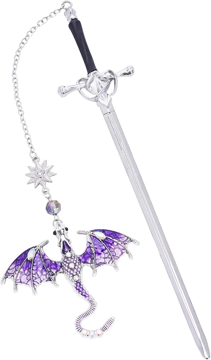 Fantasy Fourth Wing Bookmark - Cool Sward Dragon Book Mark Unique Vintage Tassel Metal Pendant Antique Silver Purple Page Markers Reading Lovers Women Men Teachers Birthday Christmas Gifts