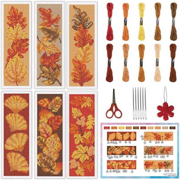 INFUNLY 6PCS Falling Leaf Cross Stitch Bookmark Kit for Adults Autumn Cross Stitch Kits DIY Crossstitch Kits Maple Leaves Stamped Embroidery Bookmark Kit with Instructions for Book Lovers Readers
