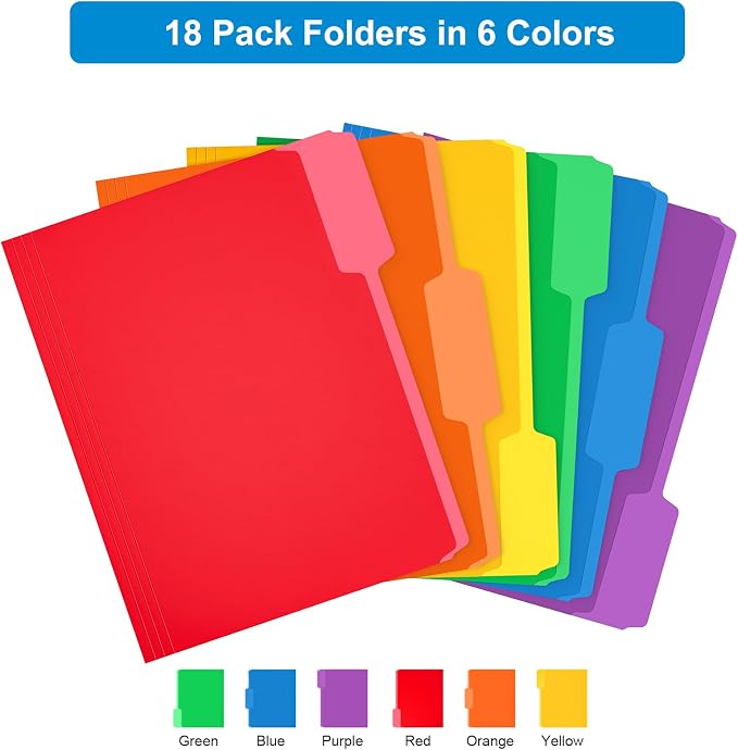 HABGP 18 Pack Manilla Folders 8.5 x 11 Inch, 1/3-Cut Tab Colored File Folders Letter Size, Paper File Folders, Manila Folders Home Office School Supplies for Documents Files, 6 Assorted Colors