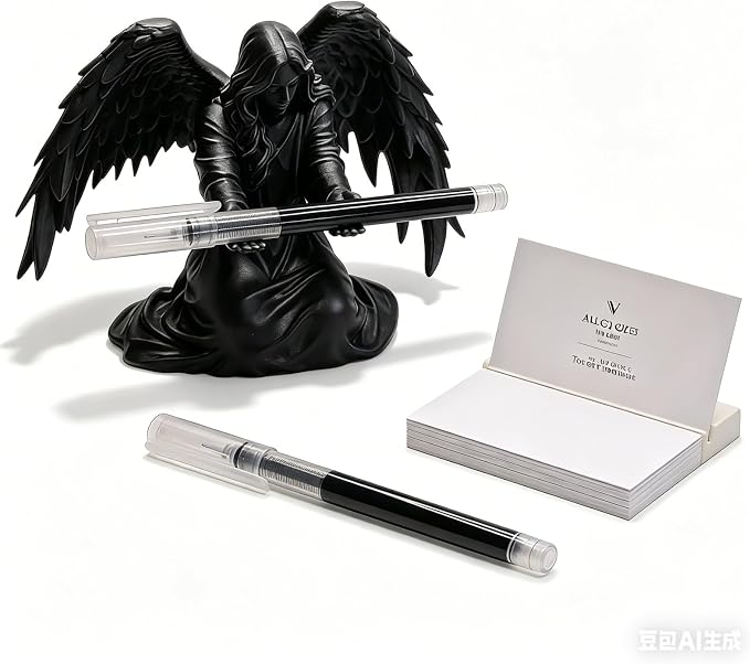 Angel Pen Holder with Hand-Polished Feather Wings, Desktop Organizer, Home & Office Decor, Guardian Gift (Black)