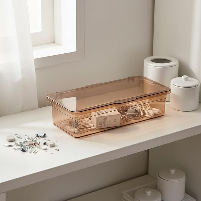 Desktop Storage Box with Sliding Lid, Clear PP Plastic Organizer for Office Supplies, Vanity Essentials, and Kitchen Countertops, Brown, 10.6 x 4.5 x 2.8 Inches