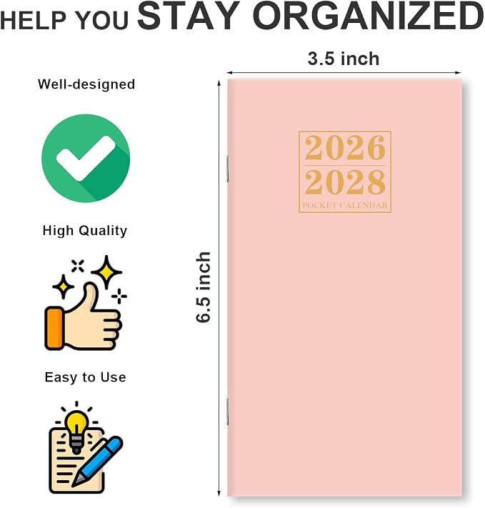 2026-2028 Pocket Calendar for Purse – Mini Monthly Planner from July 2026 to June 2028, 2 Year Monthly Calendar for Organizing & Planning, 3.5" x 6.5", Pink