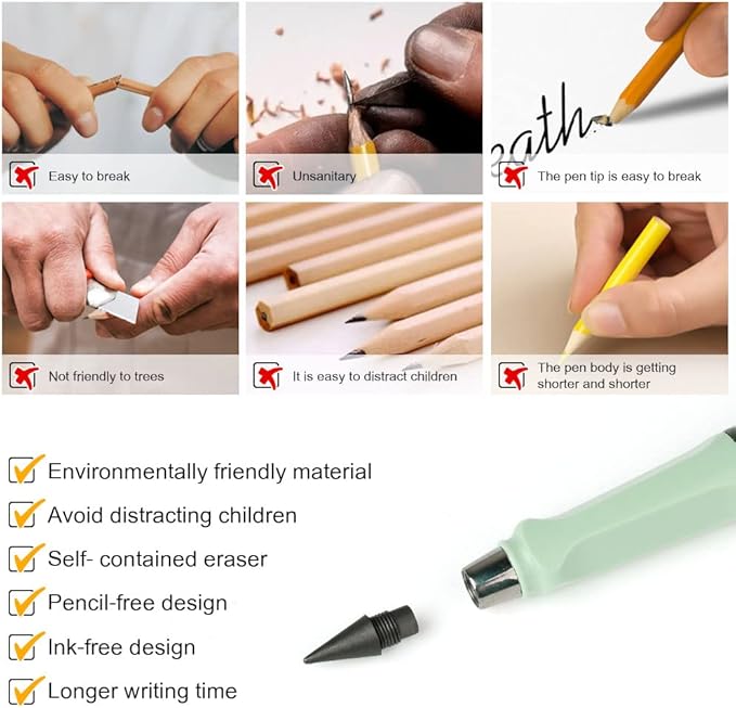 Ainiv Inkless Pencil with Eraser, 5 Sets Infinity Pencil Everlasting Pencil, Reusable Infinite Pencil with Extra 5 Eraser & 5 Replaceable Nibs, Endless Pencil for Home Office School Writing Drawing