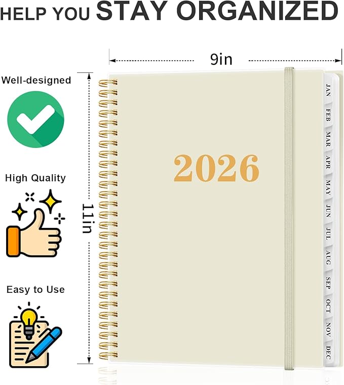 2026 Planner - Weekly and Monthly Planner from Jan 2026 - Dec 2026, Spiral Planning 2026 with 12-Month Tabs, Inner Pocket, 8.5" x 11", Beige