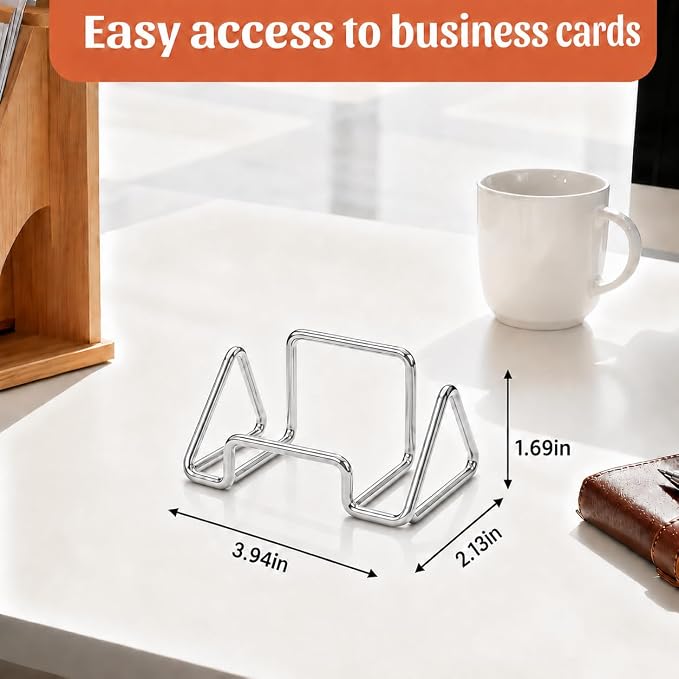 Business Card Holder,Minimalist Geometric Metal Card Display Stand,Vertical Desktop Name Card Organizer,Small Phone Stand & Photo Holder for Office,Wedding,Reception,Exhibition(Brushed Silver)