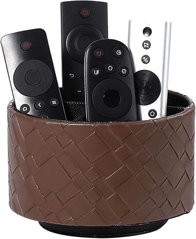 Remote Organizer for Table, PU Leather 360 Degree Rotating TV Remote Caddy with 4 Compartments, TV Control Holder for DVD, Blu-Ray, Media Player, Heater Controllers, Brown PH114