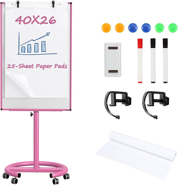 Mobile Dry Erase Board, 40x26 Inches Mobile Whiteboard on Wheels, Magnetic Standing White Board with Flip Chart Paper, Portable Rolling Dry Erase Board for Classroom, School, Office, Home
