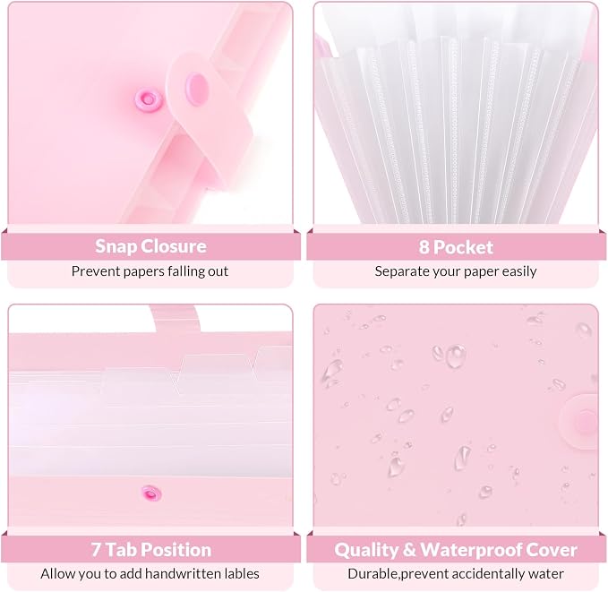 SKYDUE Pink Accordion File Organizer, Expanding File Folder with 8 Pockets, Expandable Document Paper Receipt Organizer, Letter/A4 Size Filing Folder School Office Supplies