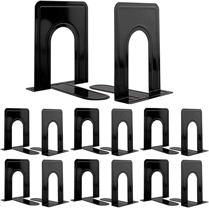 Book Ends, Heavy Duty Bookends to Hold Books, Metal Bookends for Home Office Decorative, Book Ends for Heavy Books/Movies/CDs, Black 6.5 x 5 x 5.7 in, 7 Pair/ 14Piece