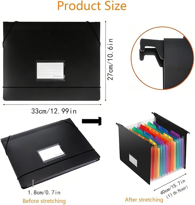 Expanding Hanging File Folders Extra Capacity Filing Folders 13 Accordion Pockets Accordian Plastic Heavy Duty Black Organizer File
