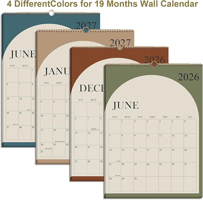 Wall Calendar 2026-2027 - 19 Months Calendar 2026-2027 from June 2026 - December 2027, 2026-27 Wall Hanging Calendar Planner with Thick Paper, 12" x 14.5", Cyan