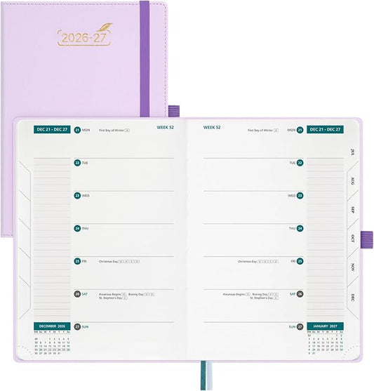 BEZEND Weekly Planner 2026-2027 (6" x 8.5") 2-Column Dual Schedule for Work/School/Home or 2 Person (Jul 26-Dec 27) 18 Months Academic Calendar with Tabs, PU Leather Hardcover -Lilac